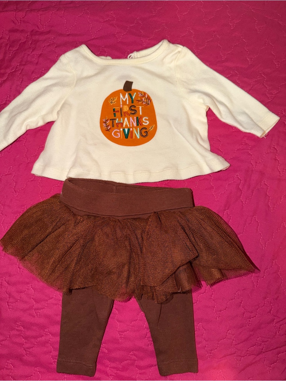 My First Thanksgiving White Pumpkin Top and Brown Tutu Leggings Set